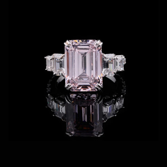 1.50 CT Emerald Cut Pink Lab Grown Ring with Side Step Cut Diamond Ring For Her