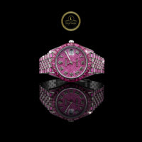 Full Iced Out Pink Diamond Watch with Baguette Pink Bezel & Roman Dial
