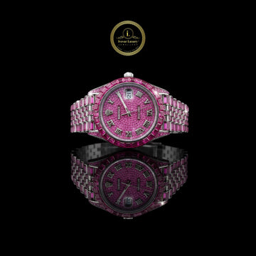 Full Iced Out Pink Diamond Watch with Baguette Pink Bezel & Roman Dial