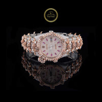 Full Iced Out Diamond Watch with Floral Scroll Bezel & Pink Baguette Dial Markers
