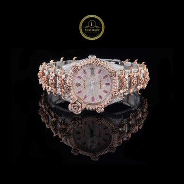 Full Iced Out Diamond Watch with Floral Scroll Bezel & Pink Baguette Dial Markers