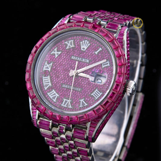Full Iced Out Pink Diamond Watch with Baguette Pink Bezel & Roman Dial - View 2