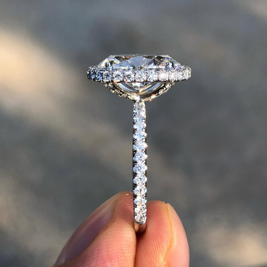 Oval Cut Halo Moissanite Diamond Ring with Micro Pave Band