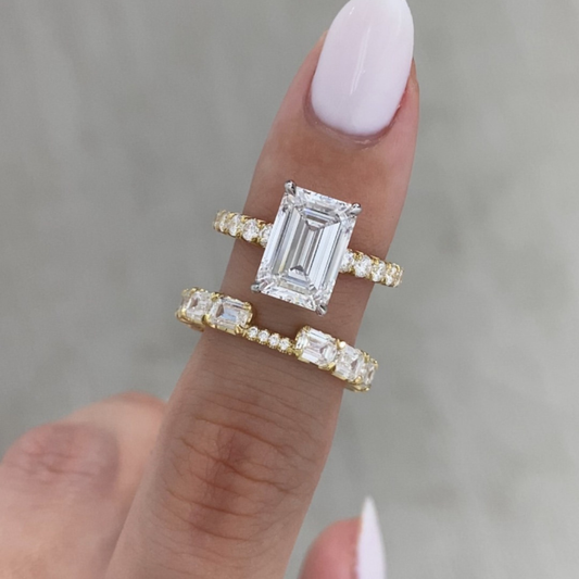Emerald Lab Grown Bridal Ring Set with Pave Band