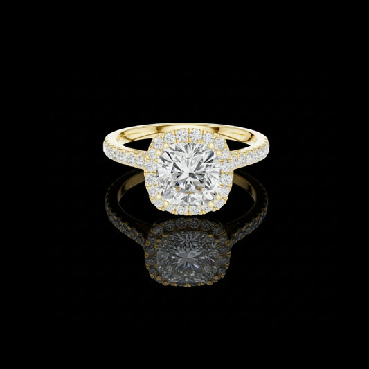 2.00 CT Glimmer Cushion Cut Halo Lab Grown Diamond Ring in Gold with Pave Band For Party