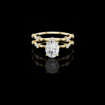 Pear Cut Double Band Moissanite Diamond Ring with Side Stone Accents