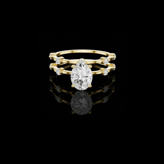 Pear Cut Double Band Moissanite Diamond Ring with Side Stone Accents
