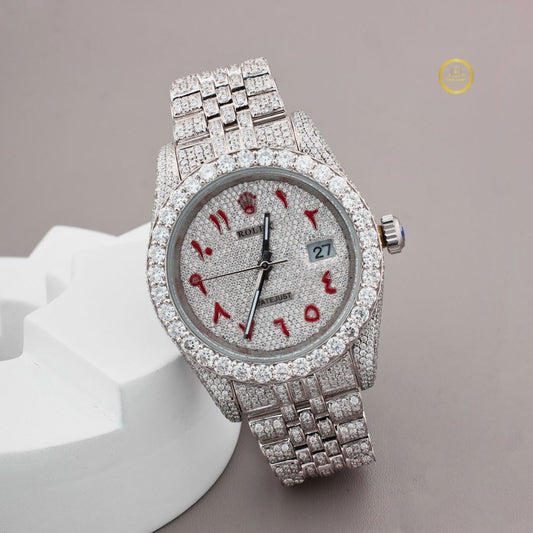 Full Iced Out Diamond Watch with Custom Red Arabic Letter Dial & Diamond Bezel
