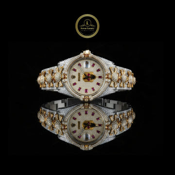 Full Iced Out Diamond Watch with Ruby Hour Markers & Custom Floral Link Band