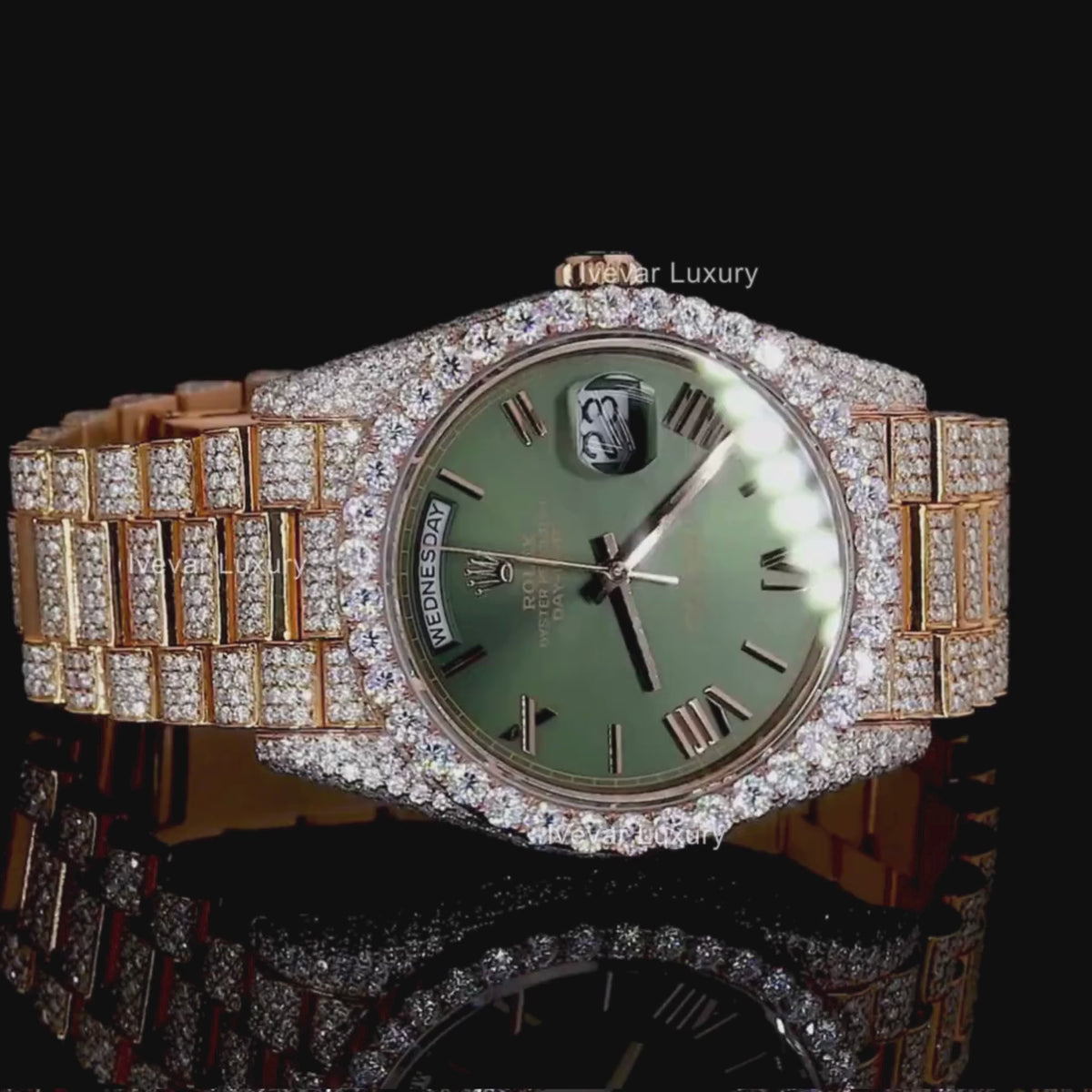 Rose Gold Calendar Watch with Green Face Round Diamond Executive Band