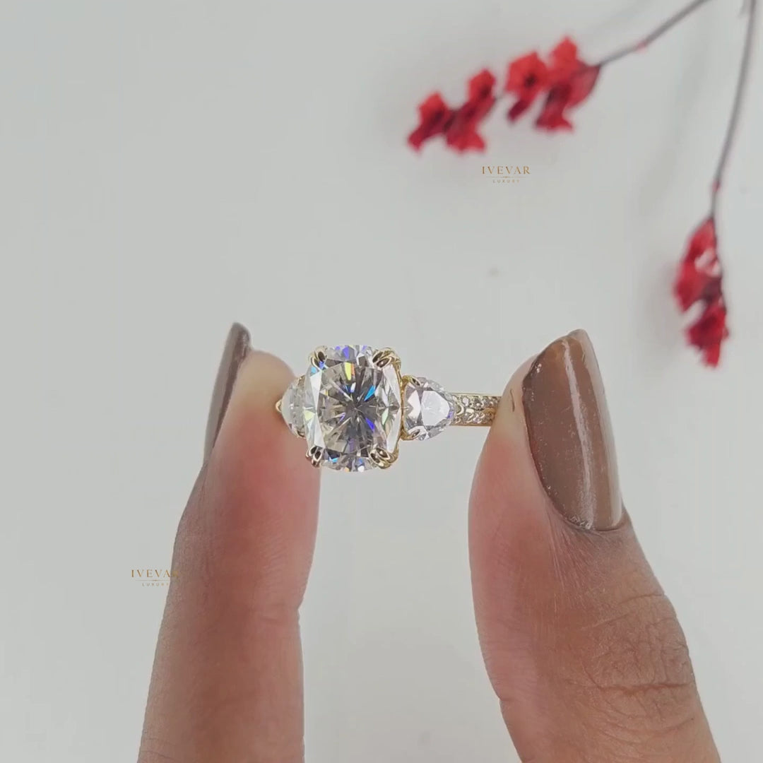 Cushion Cut Lab Diamond Pear Side Three Stone Engagement Ring