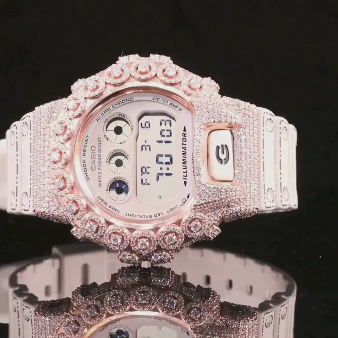 Half Iced Out Diamond Digital Watch with White Resin Strap