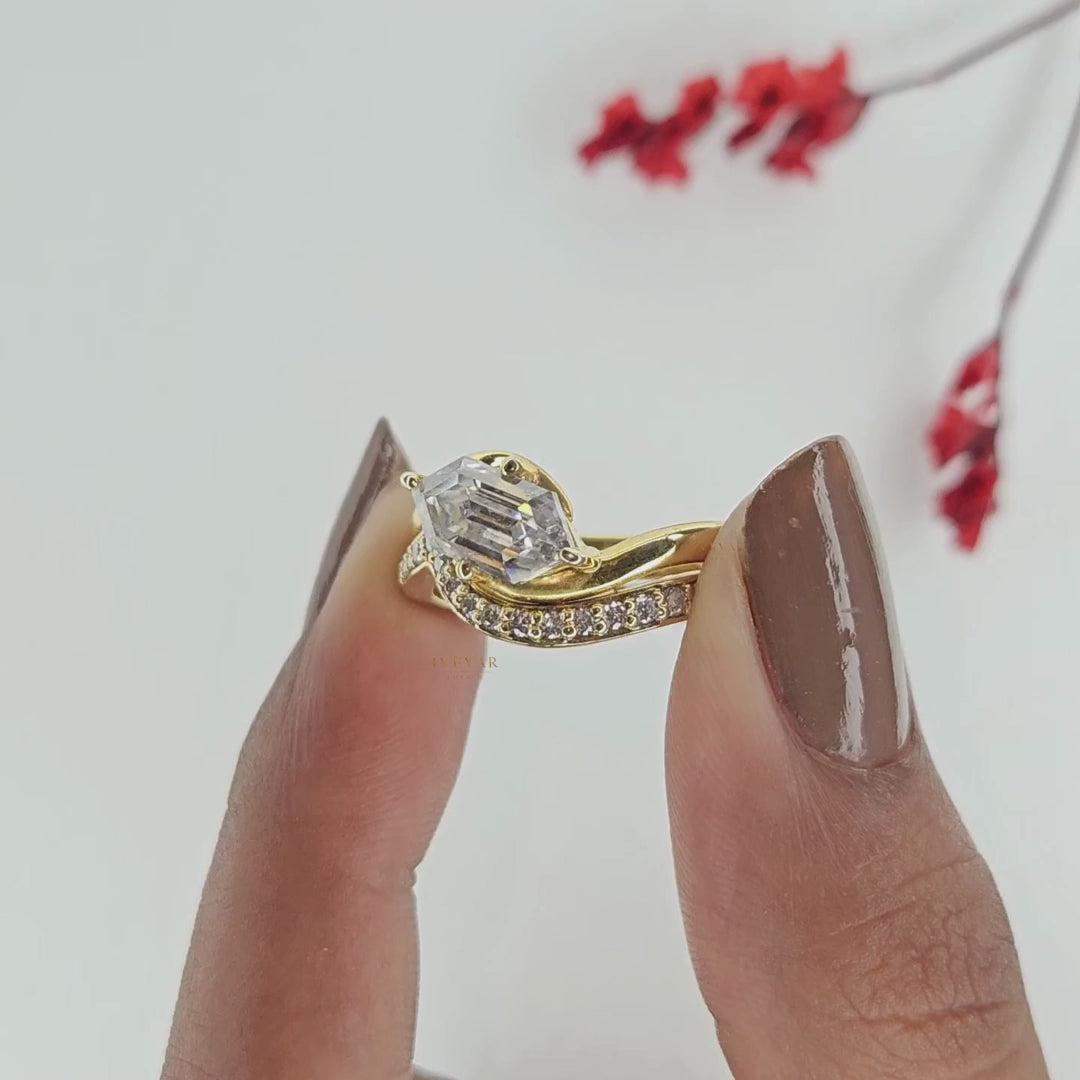 Dutch Marquise Cut Moissanite Diamond Engagement Ring with Bypass Pave Band