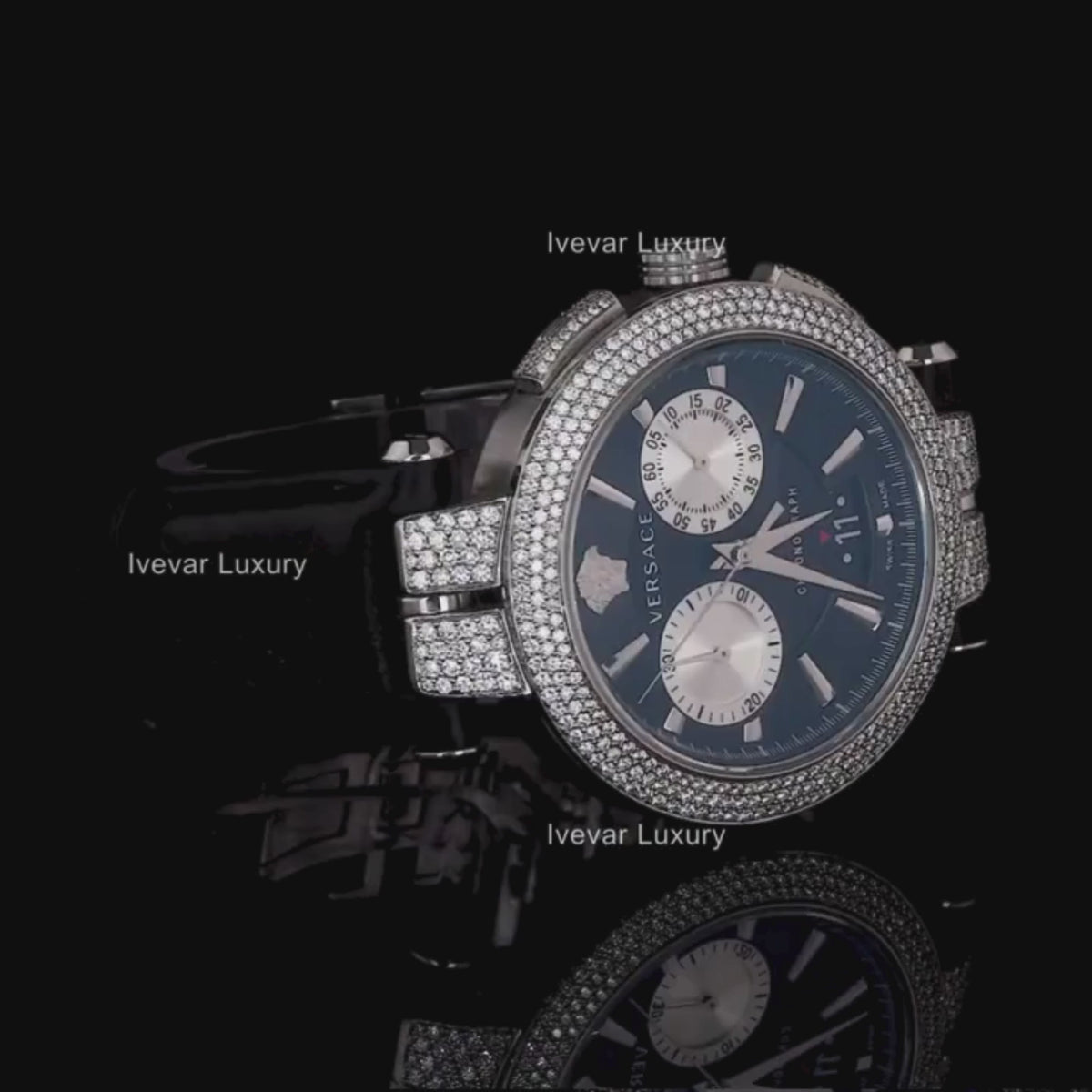 Blue Chronograph Watch with Diamond Bezel & Black Rubber Strap