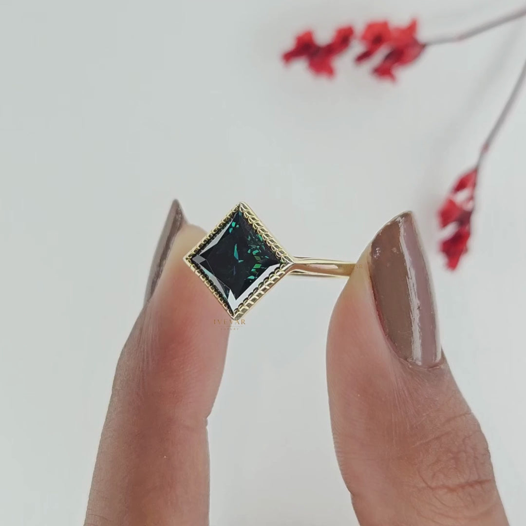 Green Princess Cut Lab Diamond Milgrain Bezel Solitaire Ring