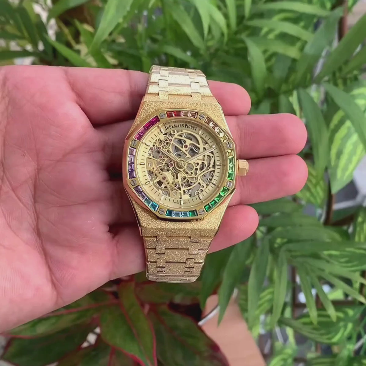 Luxury Rainbow Bezel Skeleton Watches in Gold & Silver Sets