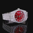 Full Iced Out Diamond Calendar Watch with Red Sunburst Dial & Diamond Roman Numerals