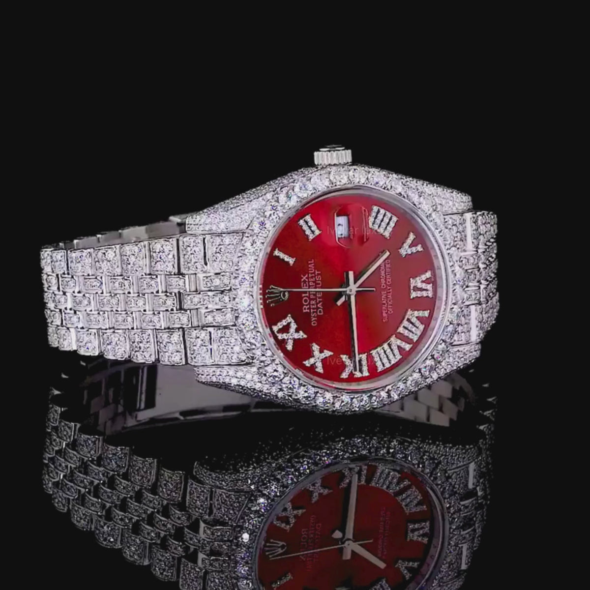 Full Iced Out Diamond Calendar Watch with Red Sunburst Dial & Diamond Roman Numerals