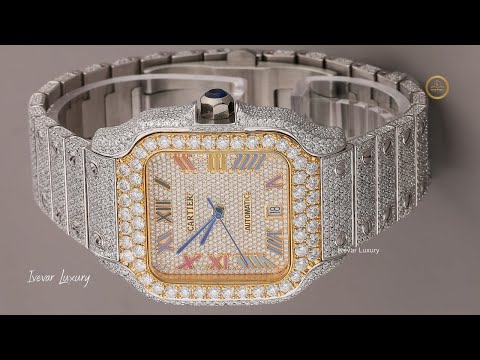 Moissanite Diamond-Encrusted Automatic Watch with Two-Tone Bezel and Multicolor Roman Numeral Dial