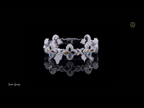 Multicolor Gemstone and Diamond Pave Clover Bracelet in Sterling Silver