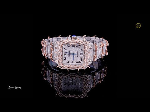 Full Iced Out Custom Diamond Watch with Thorn Bezel, Roman Dial & Date Display