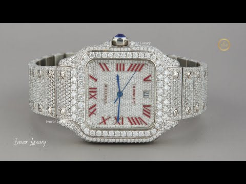 Full Iced Out Diamond Square Watch with Red Roman Numerals & Pavé Bracelet