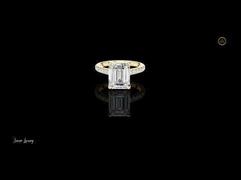 1.10 CT Delicate Emerald Cut Solitaire Moissanite Diamond Ring in Gold with Pave Diamond Band