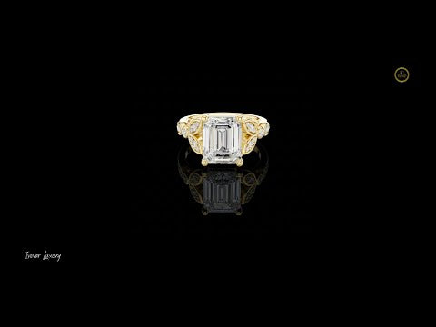 3.11 TCW Imperial Aura Emerald Cut Lab Diamond Ring in Sculpted Gold with Vintage Halo Side Accents