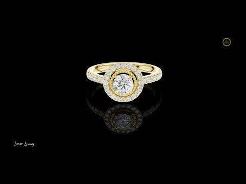 0.53 CT Glamorous Round Cut Halo Lab Diamond Ring in Luxe Gold with Pave Set Band For Love