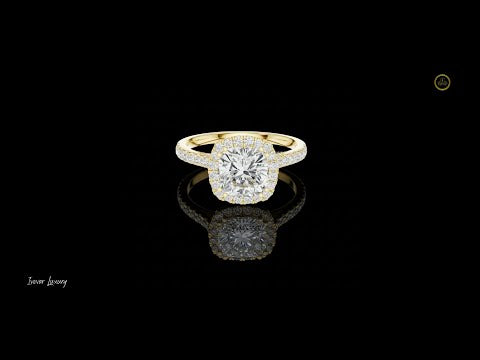 2.00 CT Glimmer Cushion Cut Halo Lab Grown Diamond Ring in Gold with Pave Band For Party