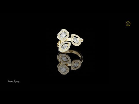 0.92 TCW Three Stone Geometric Moissanite Diamond Halo Bypass Ring with Emerald, Pear and Marquise Cut Centers