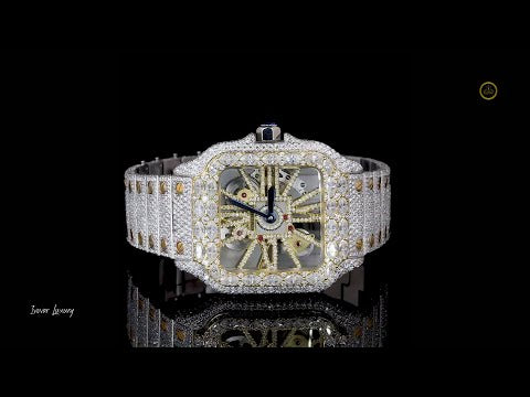 Full Iced Out Two-Tone Skeleton Square Style Watch with Diamond Band