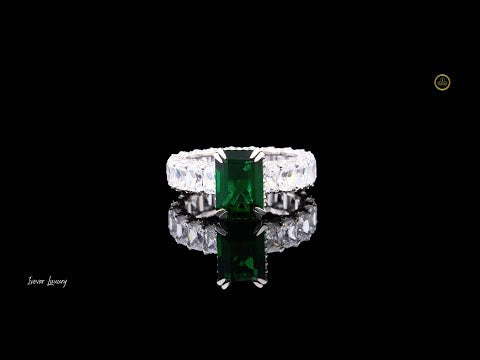 Green Radiant Moissanite Diamond Wedding Band With Side Stone Eternity Ring