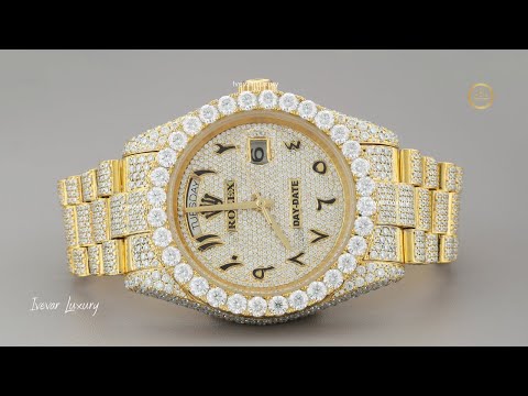 Full Iced Out Yellow Gold Calendar Watch with Arabic Numeral Diamond Dial