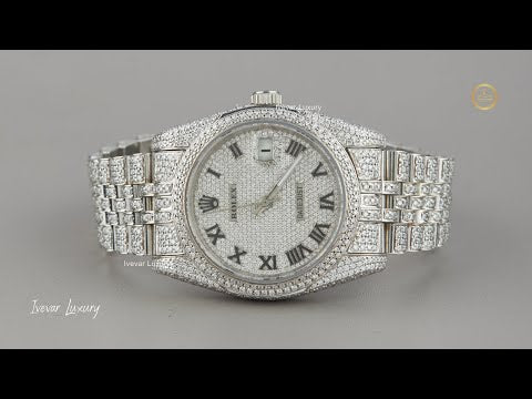Full Iced Out White Gold Diamond Calendar Watch with Pave Dial & Roman Numerals