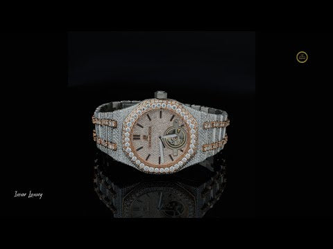 Full Iced Out Rose Gold Tourbillon Watch with Diamond Pave Dial & Bracelet