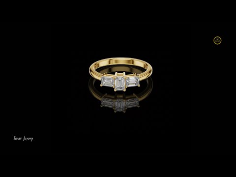 Emerald Cut Three Stone Moissanite Diamond Ring with Baguette Side Stones