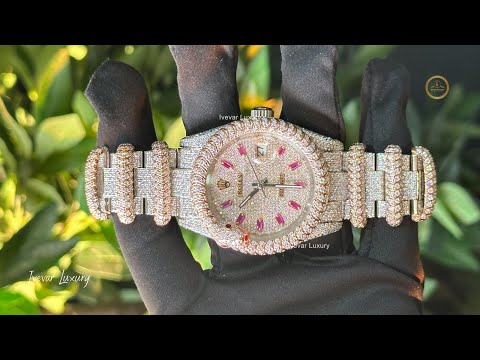Full Iced Out Two-Tone Diamond Watch with Ruby Markers & Rope Link Band