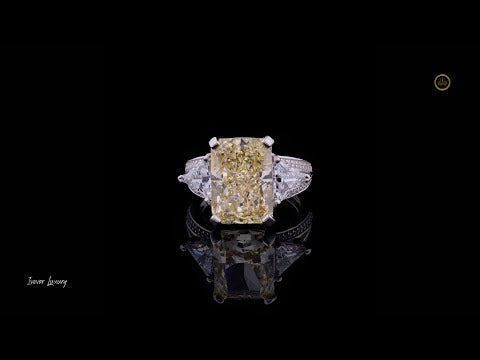 Fancy Intense Yellow Radiant Lab Diamond Ring With Trillion Cut Side Diamonds