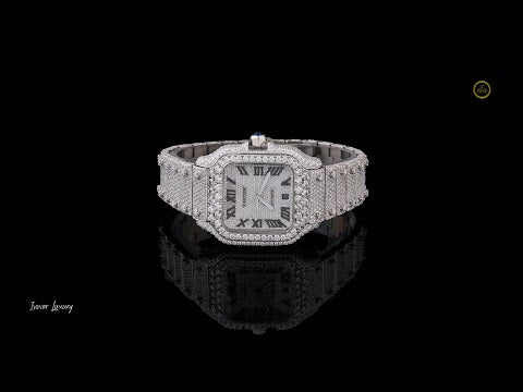 Full Iced Out Diamond Square Watch with Roman Dial & Date Display