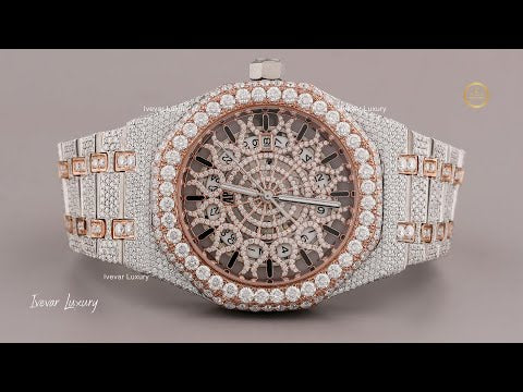 Full Iced Out Skeleton Diamond Watch with Two-Tone Pave Bracelet & Rose Gold Dial