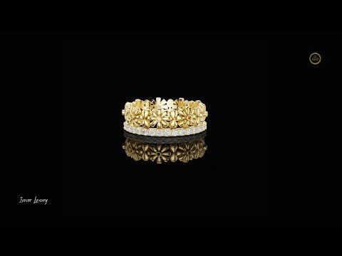 0.57 TCW Imperial Floral Band with Sculpted Blossom Moissanite Round Cut Diamond Ring