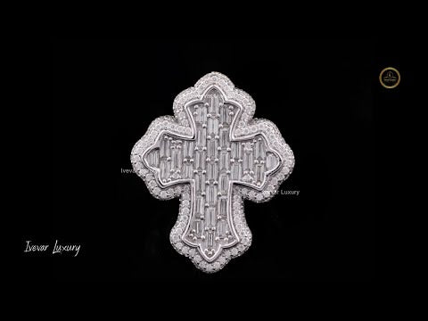 Baguette Lab Grown Diamond Cross Pendant Pave Halo Frame