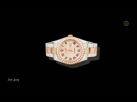 Full Iced Out Two-Tone Rose Gold Diamond Calendar Watch with Pavé Dial & Roman Numerals