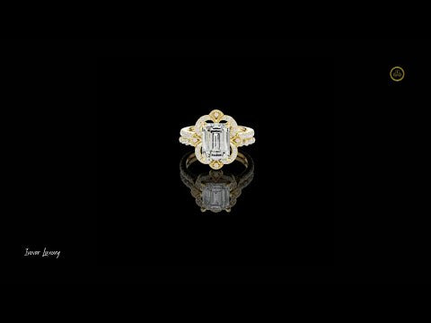 2.92 CT Vintage Inspired Emerald Cut Lab Grown Diamond Ring with Scalloped Halo in Gold