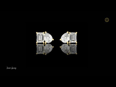 2.00 CT Modern Moissanite Diamond Stud Earrings Featuring Emerald Cut and Pear Cut Duo