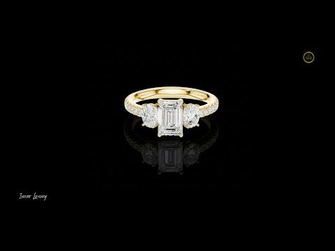 Emerald Cut Lab Diamond Ring with Oval Side Stones & Pave Band