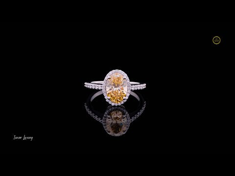 Fancy Vivid Yellow Oval Moissanite Diamond Halo Anniversary Ring With Pave Setting