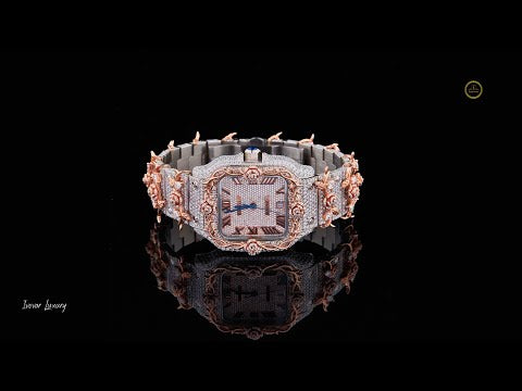 Full Iced Out Diamond Watch with Floral Vine Bezel, Roman Dial & Date Display