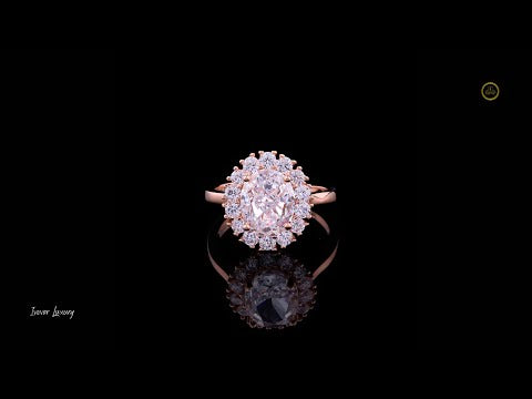 Fancy Intense Pink Oval Cut Floral Halo Moissanite Diamond Ring